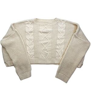 Nobody’s Child Cream Cable Knit Cropped Crew Neck Sweater Medium